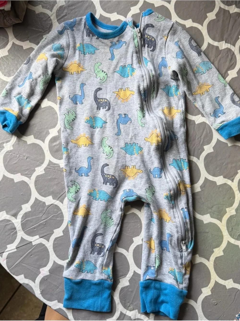 Gray Dinosaur Print Kids One-Piece Bodysuit with Blue Trim